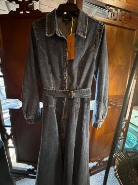 Vintage-Western Inspired Women's Long Sleeve Denim Dress - Dark Wash